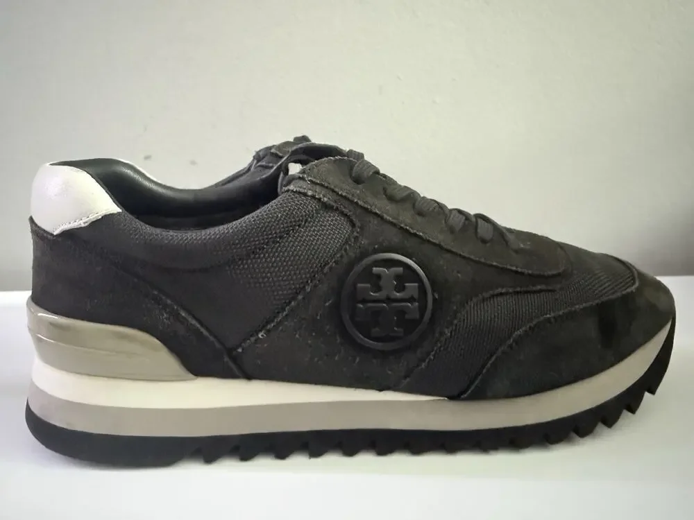 Tory Burch Women’s Sawtooth Logo Sneakers Black Suede Lace-Up Size 9
